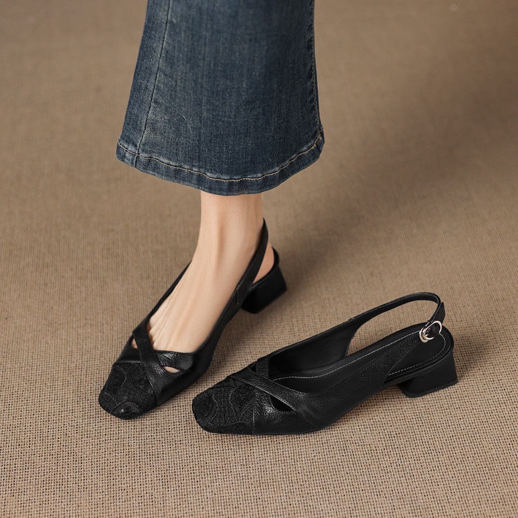 Sandal cao gót nữ hở mũi da cừu lưới phối màu quai ngang khóa — màu đen, màu trắng ngà chi tiết 73