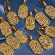 跨境时尚饰品欧美简约钛钢小众星座不锈钢铸造复古项坠铸造牌锆石