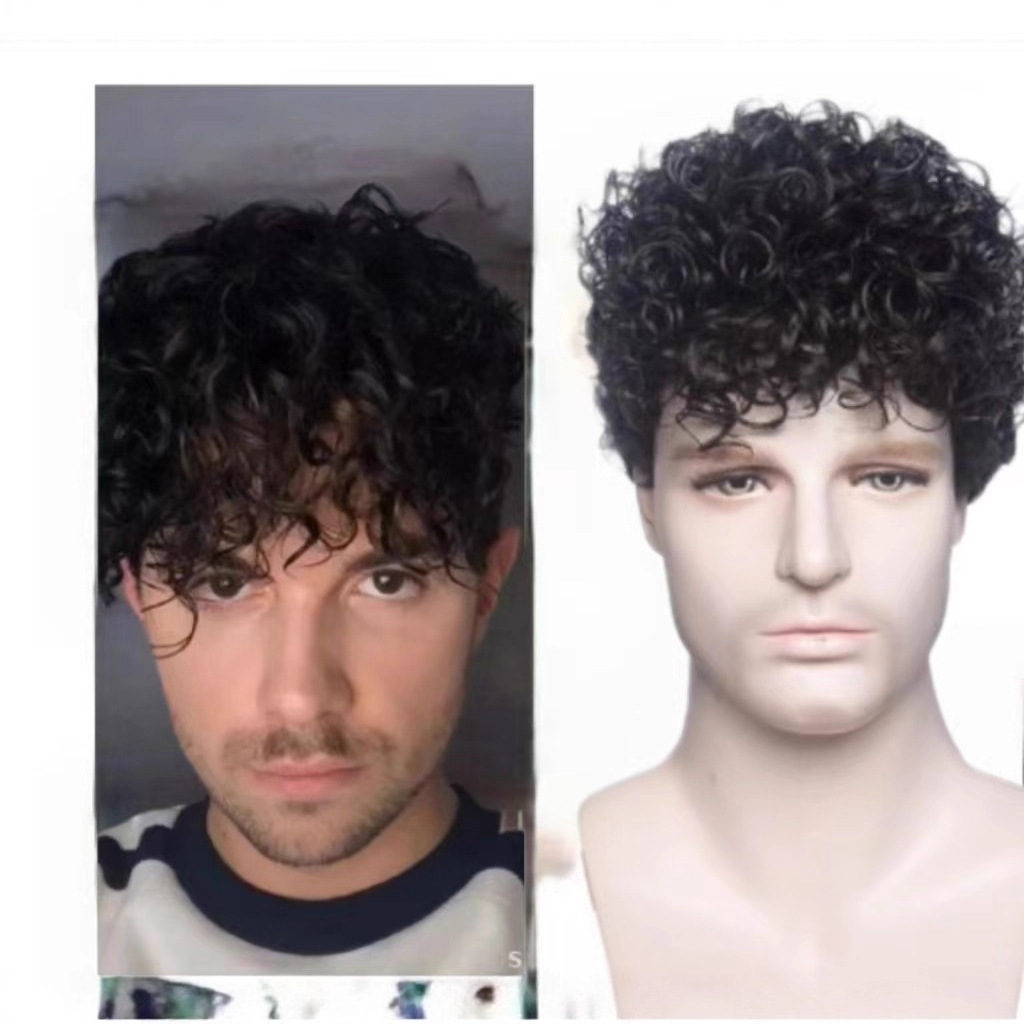 Men's Stylish Short Curly Synthetic Wig Trendy Full Length European American Hair Extensions Average Size High Temperature Lace For Everyday Wear_voghion.com