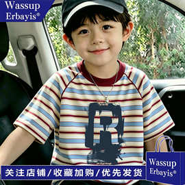 wass 夏季男童圆领休闲儿童纯棉宽松百搭卡通印花条纹T恤短袖上衣