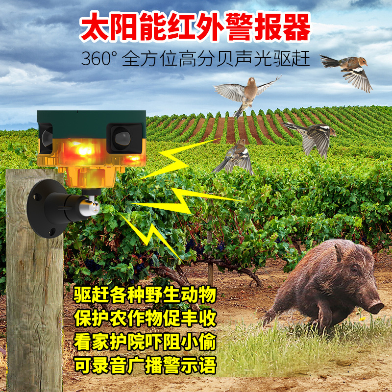 太阳能报警器360°感应报警灯农场果园养殖场驱鸟驱兽器狗叫枪响