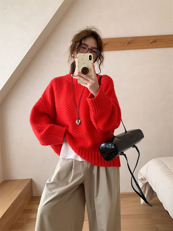 毛衣女秋冬新款菠萝针宽松慵懒风软糯纯色显瘦百搭套头针织衫上衣|undefined