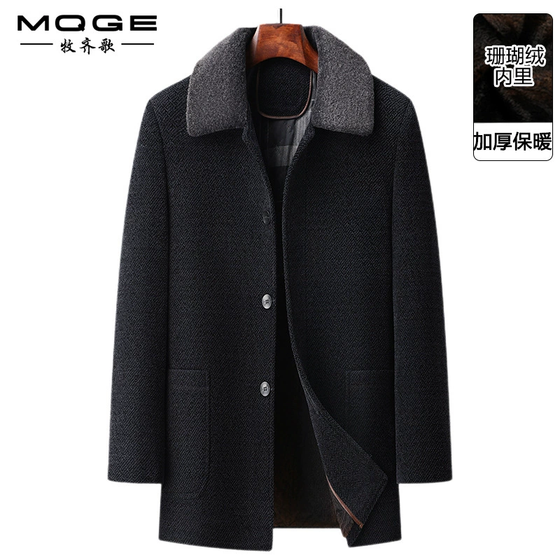 Зимний новый мужской синил пальто средней и длинной шерстяной воротник коралловой бархат утолщает теплое шерстяное пальто