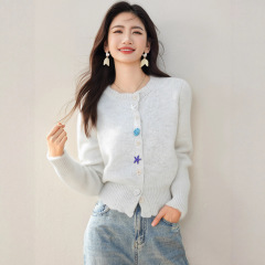 白灰蓝色针织开衫毛衣外套女秋季新款宽松慵懒风百搭短款外搭上衣