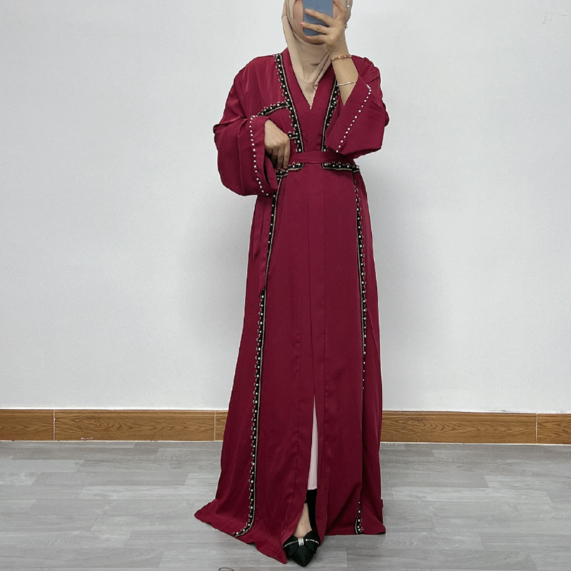 F332 Cross-Border Foreign Trade Women's Long Dress Middle East Dubai Embroidered Lace Pearl Beaded Cardigan Robe In_ecoleips.com