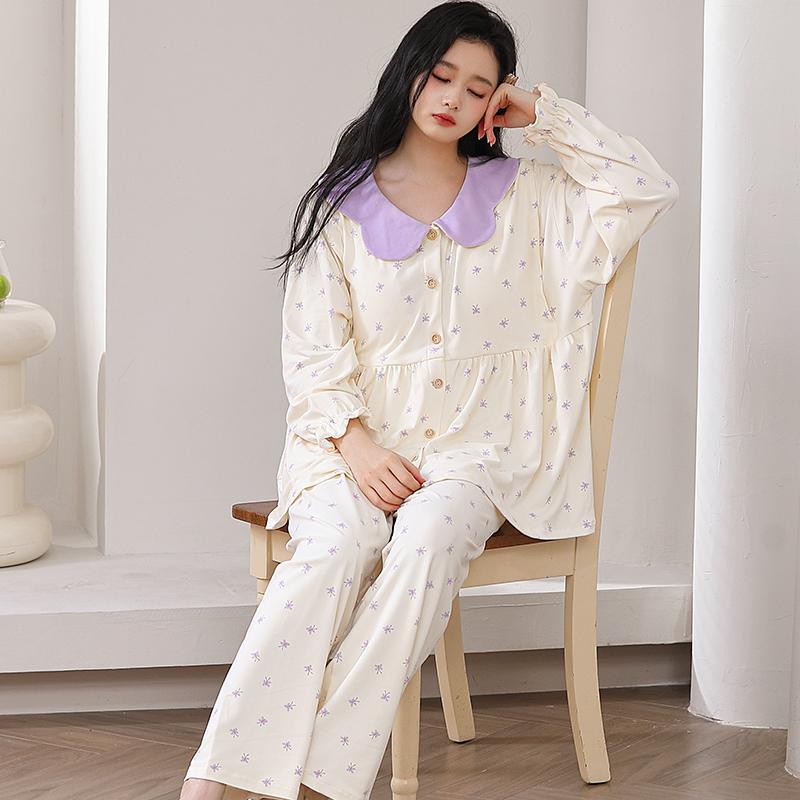 Pure Cotton Cute Moon Feeding Clothing with Chest Pad Side Opening Breastfeeding Clothing Prenatal and Postpartum Pregnant Women's Adjustable Home Clothing