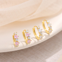 S925纯银粉色心形锆石耳环2025新款韩版简约时尚免摘叠戴耳圈耳扣