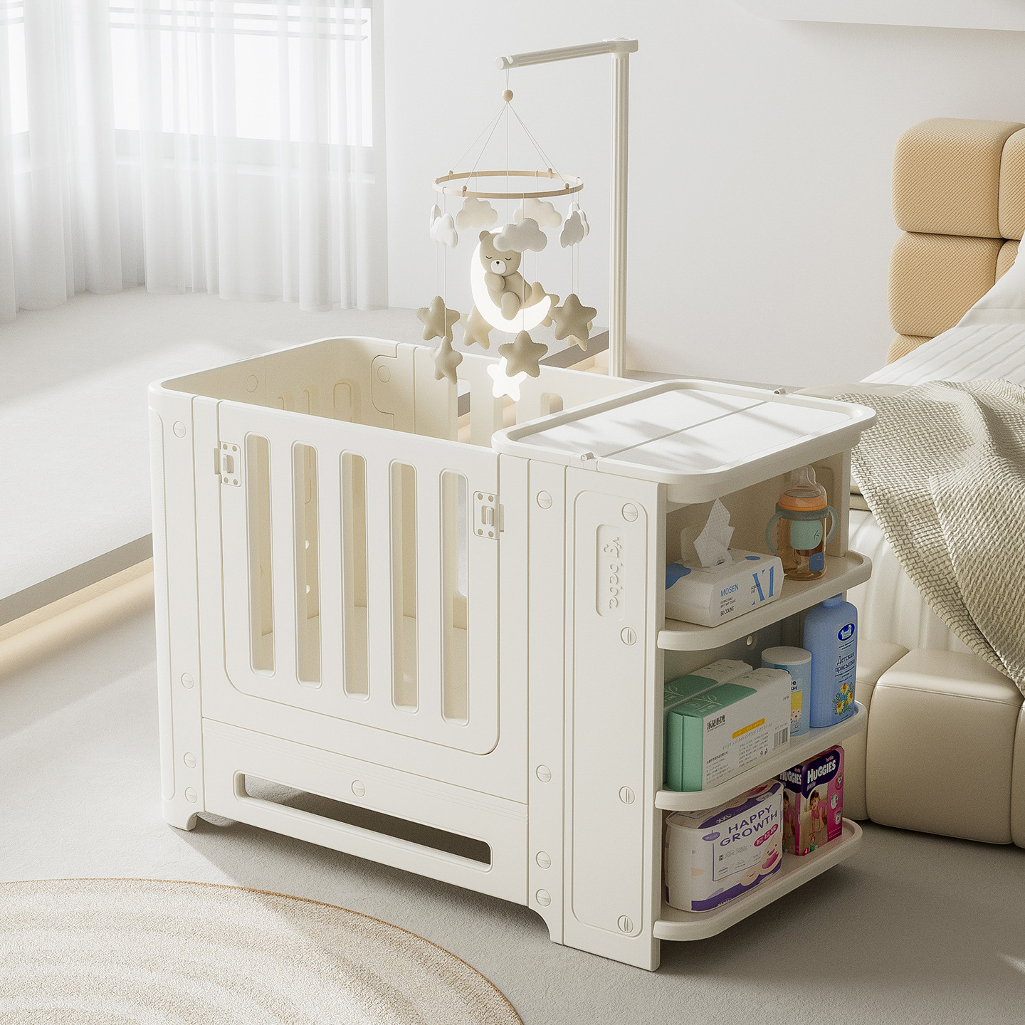 Zhibishu Crib Baby Multi-Functional Diaper Table Storage Rack Adjustable Splicing Bed Newborn Care Table Bed