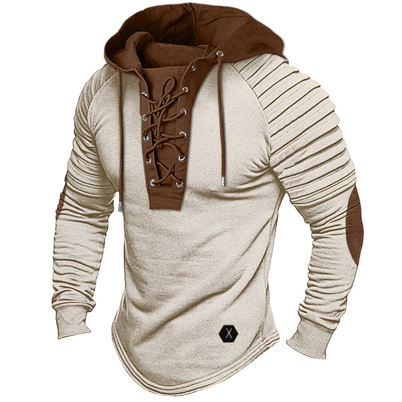 Cross-Border Supply Solid Color Hooded Sweatshirt Men's T-Shirt Top with Pleated Hood, Street Style Long-Sleeve Tie-Up Patchwork Basic Model