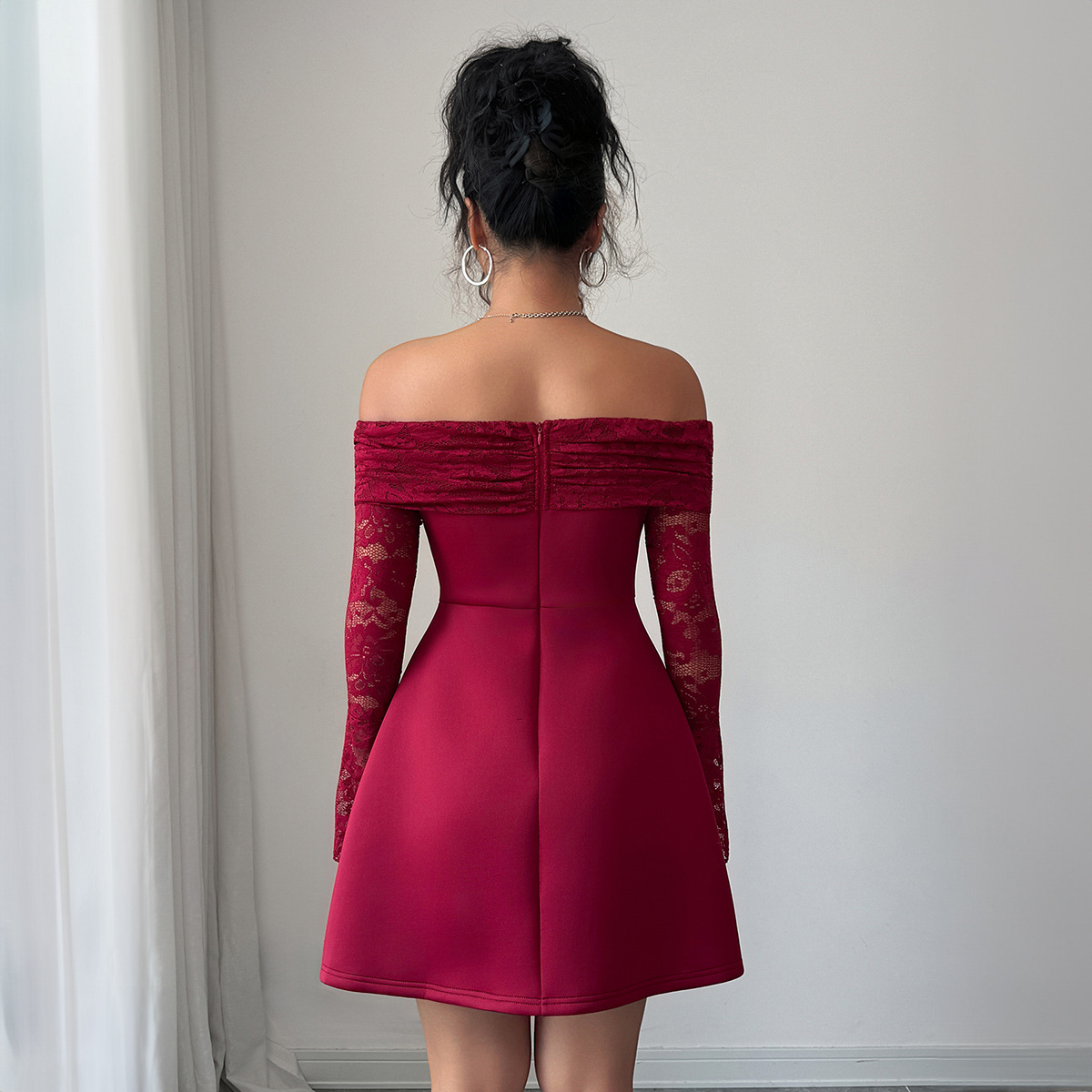 Women's Clothing Strapless Lace Long Sleeved Dress For Women Elegant European American Style Autumn Winter_ecoleips.com