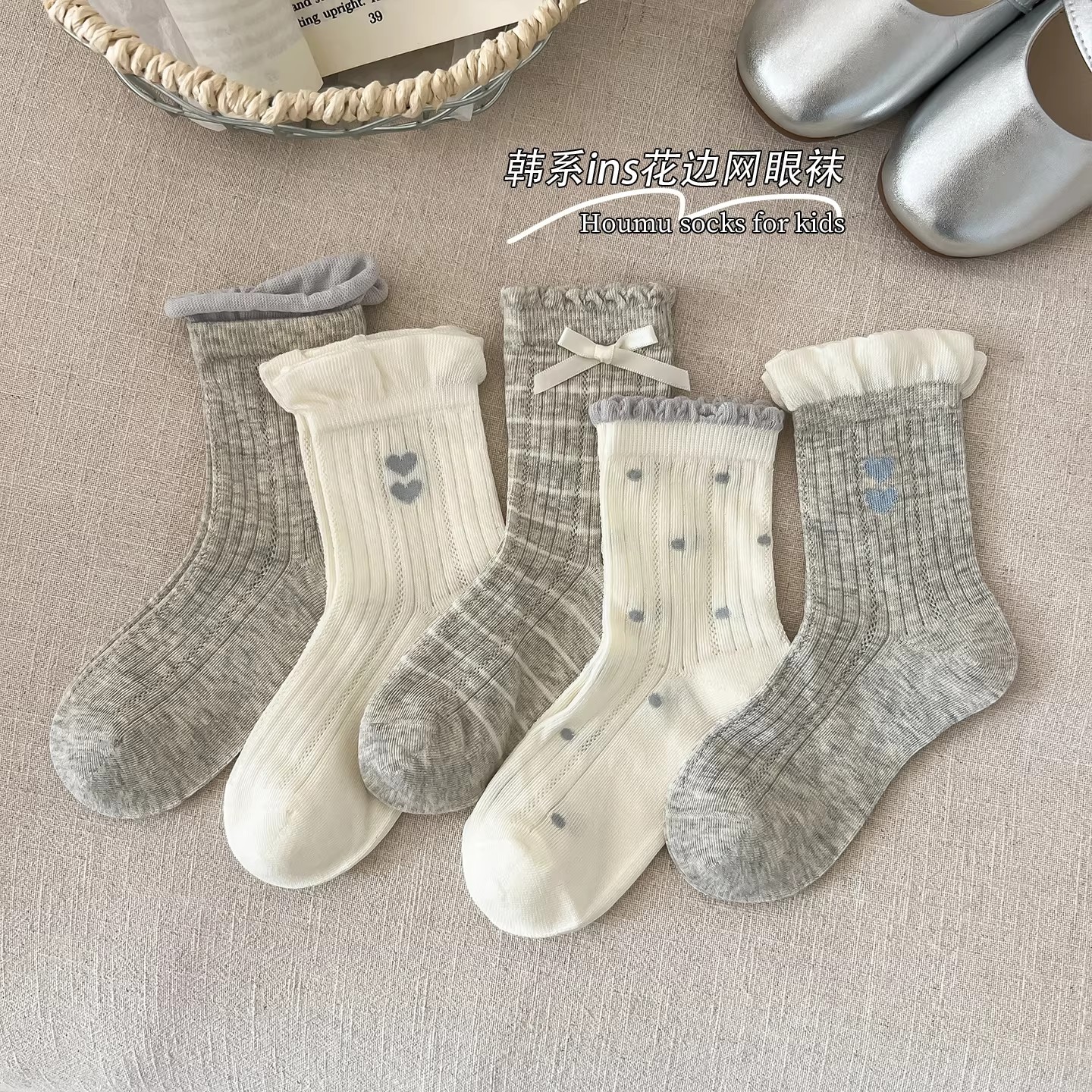 Girls' ultra-thin summer socks, thin mesh bow mid-calf socks, bubble neck girl princess socks, summer short socks