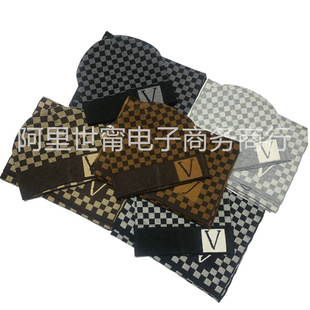 European and American style AliExpress supply letter chessboard plaid men's wool knitted scarf hat suit autumn and winter new