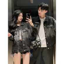 一件代发2023实拍现货#美式情侣装渐变牛仔外套春秋季扎染工装夹