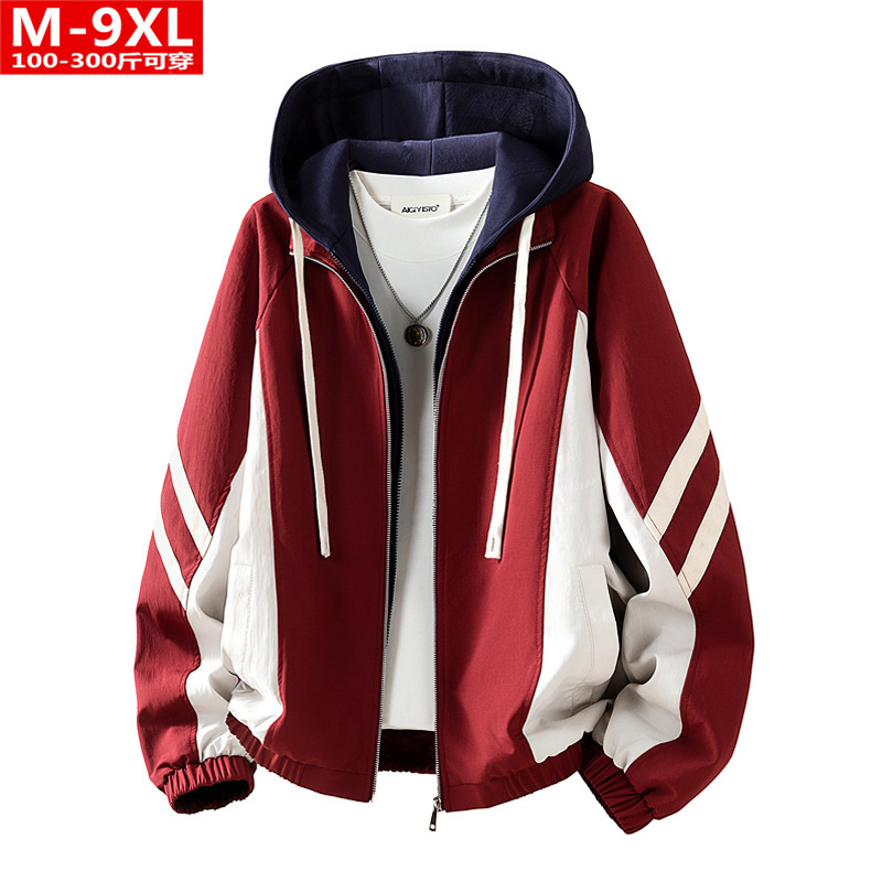 Spring and autumn Hong Kong style trendy men's color-blocked faux two-piece hooded jacket, plus-size loose casual coat for plus-size men Spring and autumn Hong Kong style trendy men's color-blocked faux two-piece hooded jacket, plus-size loose casual coat for plus-size men