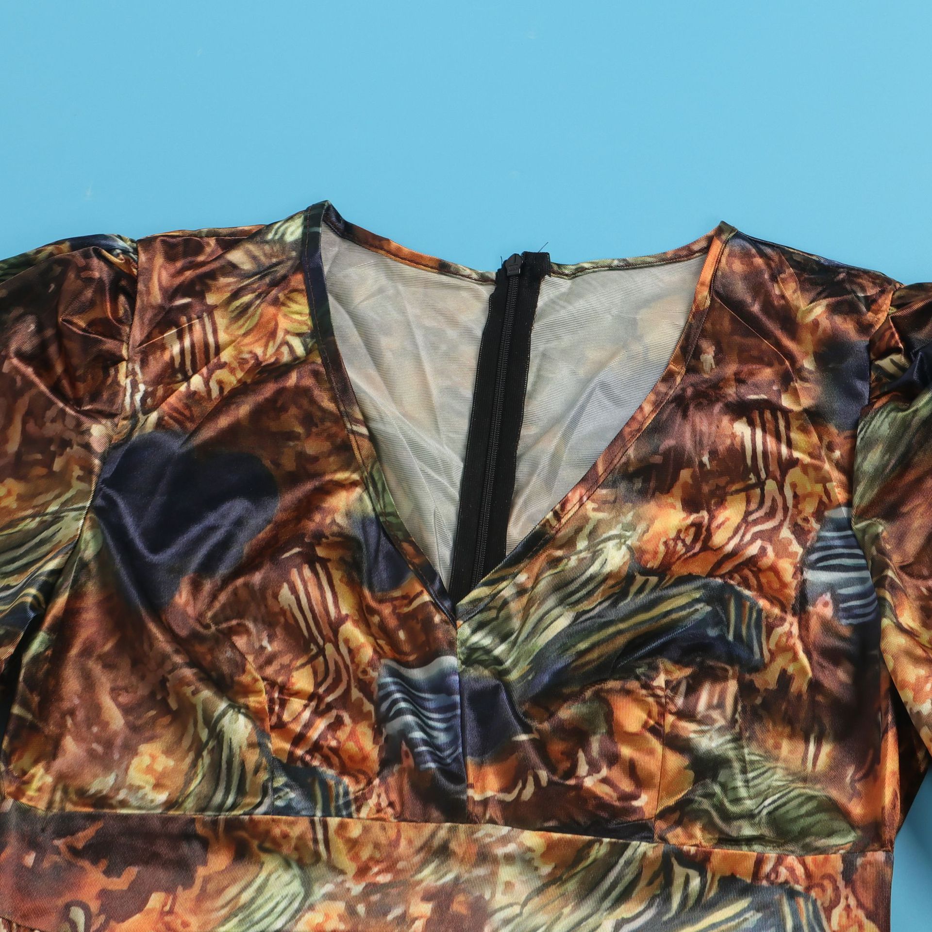 Women's Clothing Sexy Printed Ruffled Lantern Sleeve Hip Hugging Slim Fit Long Sleeve Dress_voghion.com