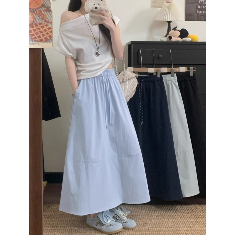 大码300斤抽绳韩版纯色百搭A字裙女春夏薄款拼接休闲中长款半身裙|undefined