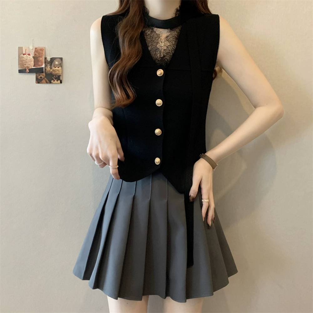 Французский трикотажный жилет большого размера женский летняя текстура тонкая кружевная шея без рукавов кардиган