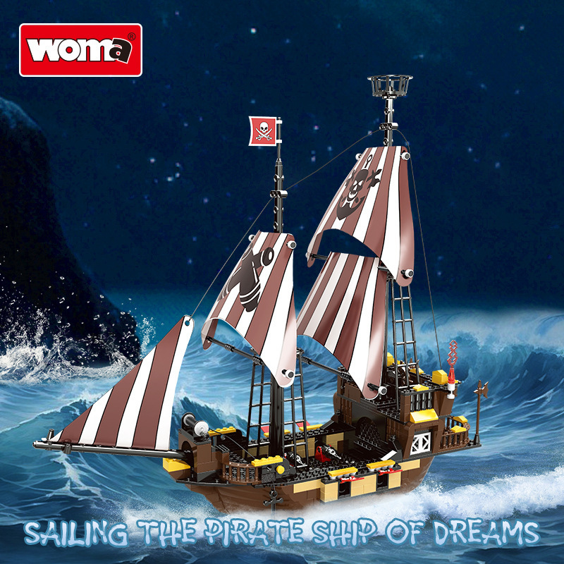 Cross-border popular woma building blocks pirate ship sailing castle toy model children assembled small particle desktop ornaments Cross-border popular woma building blocks pirate ship sailing castle toy model children assembled small particle desktop ornaments
