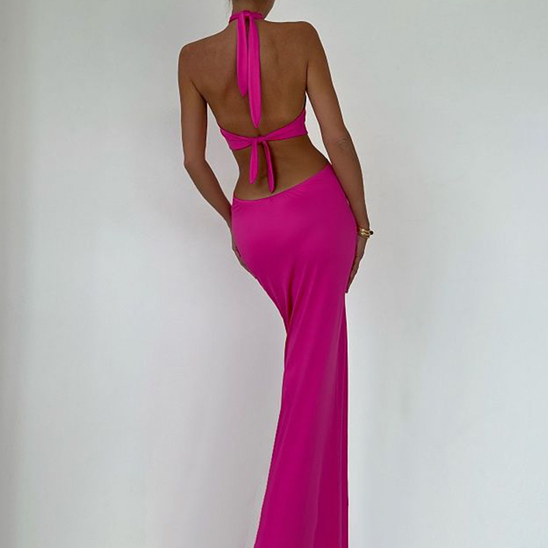 Europäisches und amerikanisches Sommerkleid, sexy Mode, Patchwork, Neckholder, offener Rücken, langer Rock_voghion.com