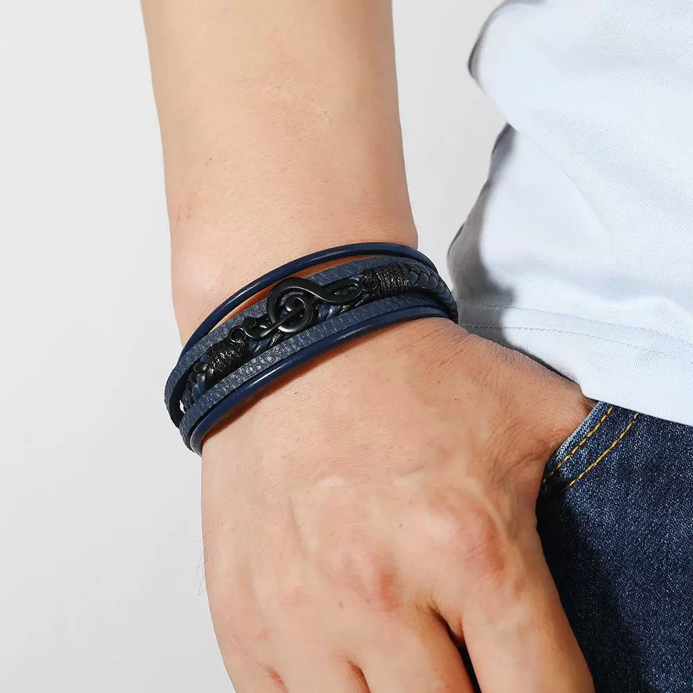 Men's PU Leather Bracelet RH360, Multi-Layer Beaded & Alloy Accents, 21.5 cm