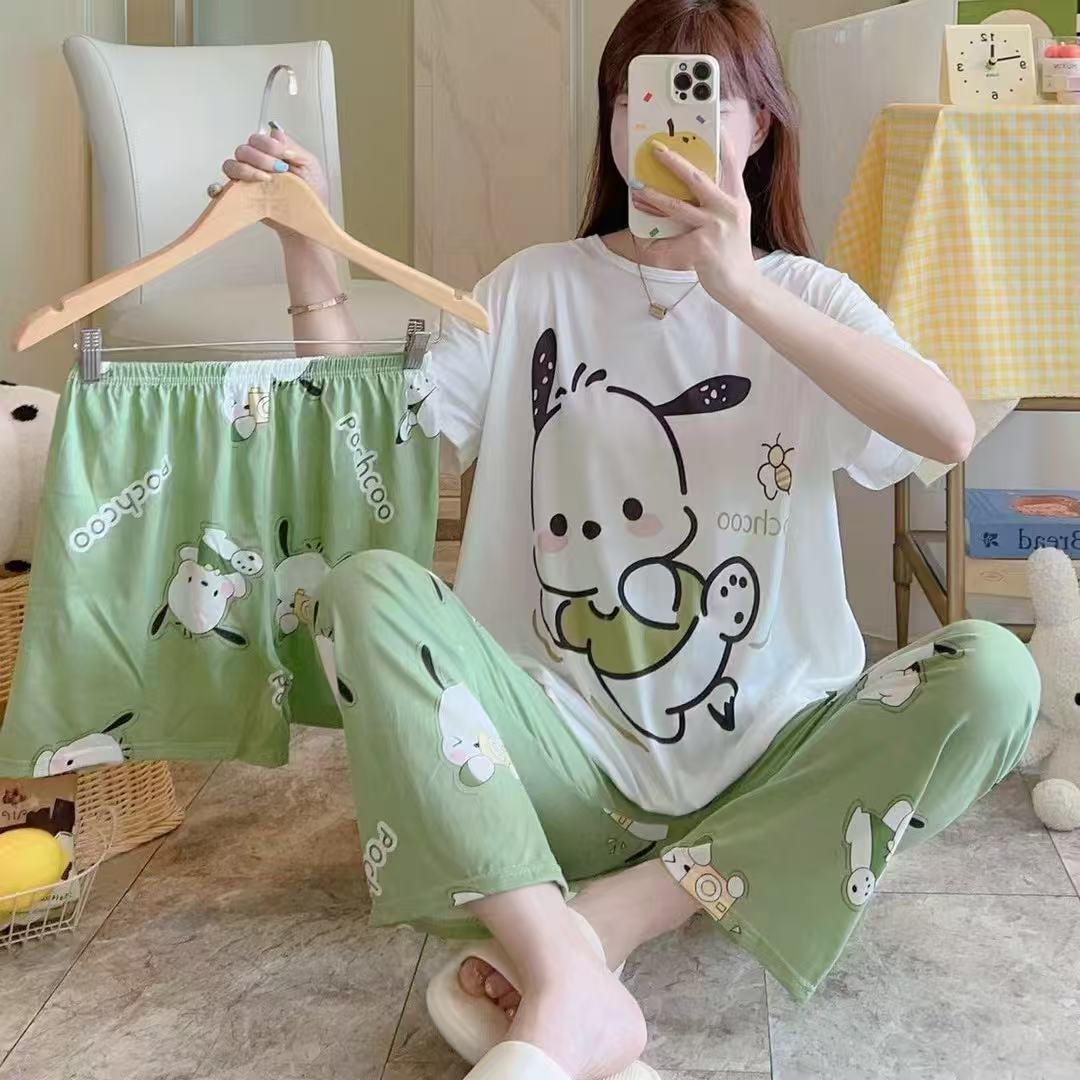 in stock Pajamas Women's Three-Piece Set Women's Summer suit Foreign Trade Cross-Border Direct Supply Loose Short-Sleeved Shorts Trousers Home Clothes