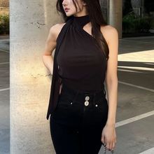 【20件包邮】无袖背心女露锁骨气质挂脖女人味显身材飘带上衣潮