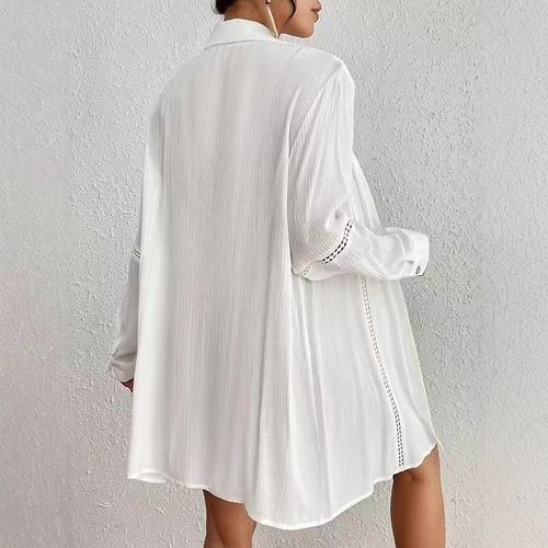 Elegant European and American Cotton Linen Pleated Striped Edge Beach Dress Loose Plus Size Bikini Top Covering Shirt Beach Travel Protection