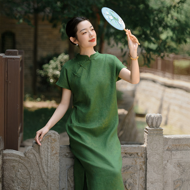 New Chinese Style Women's Summer New Short-Sleeved Linen Printed Dress Chinese Style Retro Improved Cheongsam Wholesale