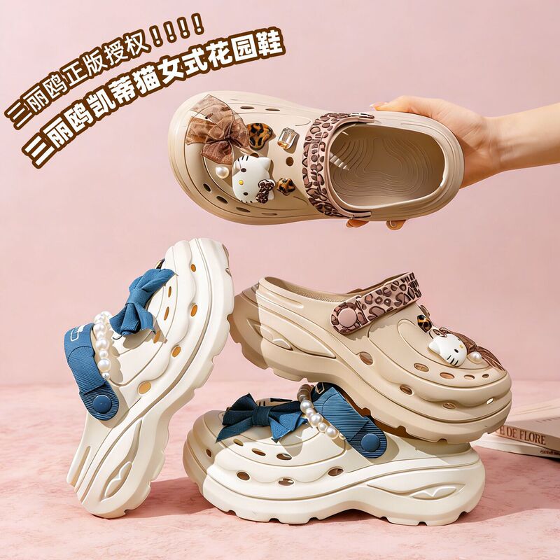 Sanrio Officially Licensed Cartoon Sweet-Style Clogs for Women, Thick-Soled Height-Increasing Bowknot Outdoor Sandals, Cute Summer Shoes