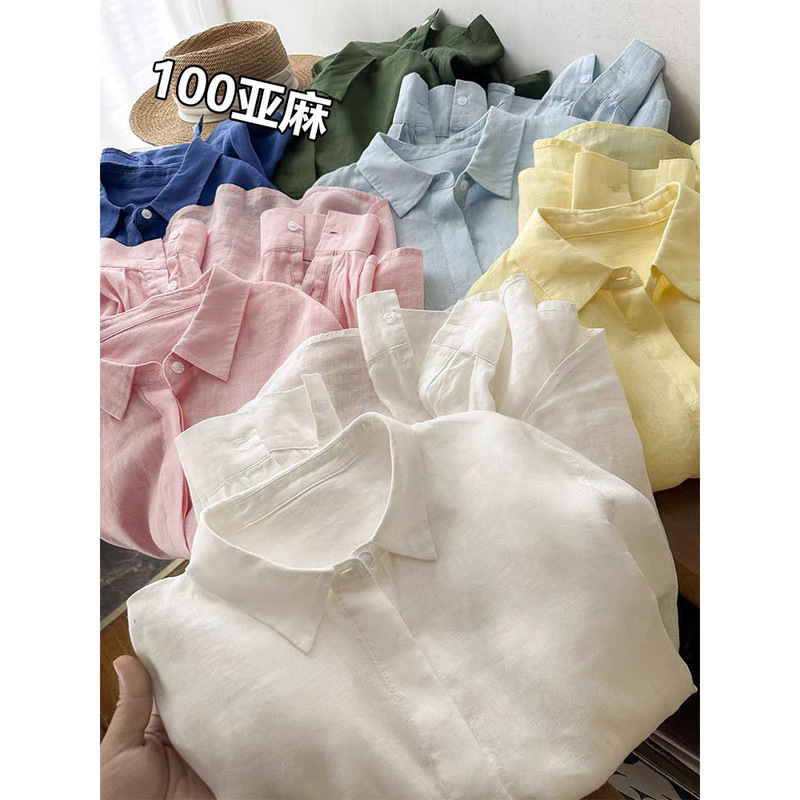 High-End Line 100% Washed Linen Relaxed Luxury Old Money Style Loose Fit Casual Turn-Down Collar Long-Sleeve Shirt for Women