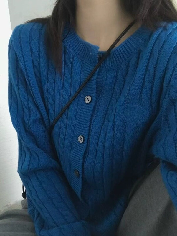 韩国纯色麻花针织开衫女秋季新款外搭宽松圆领短款小个子毛衣外套|undefined