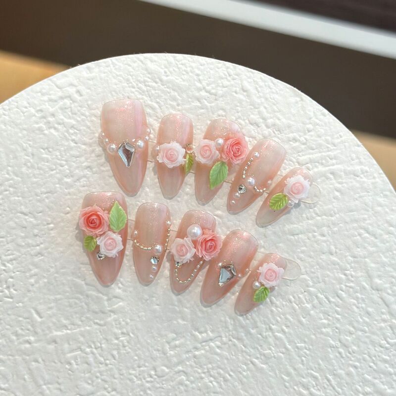 Wearable Camellia Pink Cat Eye Manicure Patch Removable Magic Mirror Powder Almond Phototherapy Nail Finished Gradient