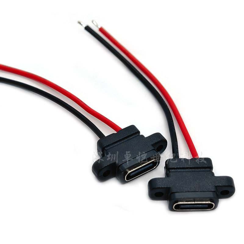 Type-C waterproof connector 2P soldered wire type length 55mm waterproof rubber ring Type C female seat with ear screw hole