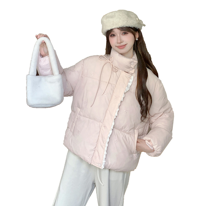 Sensación de la niña dulce arco rosa bordado ropa de algodón mujer invierno nuevo abrigo de algodón suelto y versátil chaqueta de algodón abrigo corto