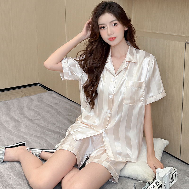 여성용 아이스 실크 잠옷, 반팔 반바지, 얇고 고급스러운 실크 대형 사이즈, 인터넷 연예인 홈웨어, 외부에 착용 가능한 슈트