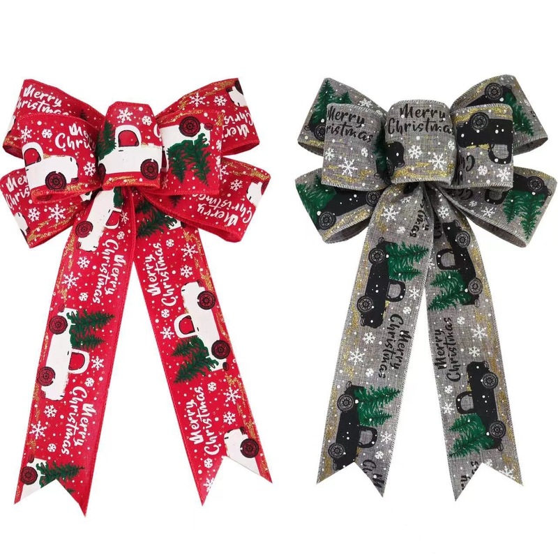 クロスボーダーのクリスマスの蝶結びは麻の小さいトラックの図案のプリントのクリスマスツリーの装飾の蝶結びのシーンをまねて飾ります。|undefined