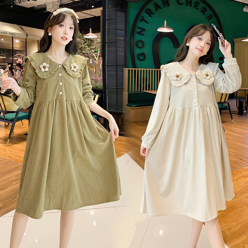 Real Shot of 2024 New Maternity Dress, Sweet and Age-Reducing, Buttoned, Suitable for Breastfeeding, Corduroy, Loose Fit