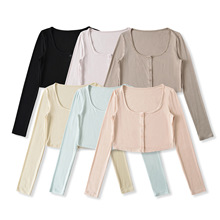 纯欲风性感方领开衫外套女秋季三件套排扣短款高腰防晒长袖T恤