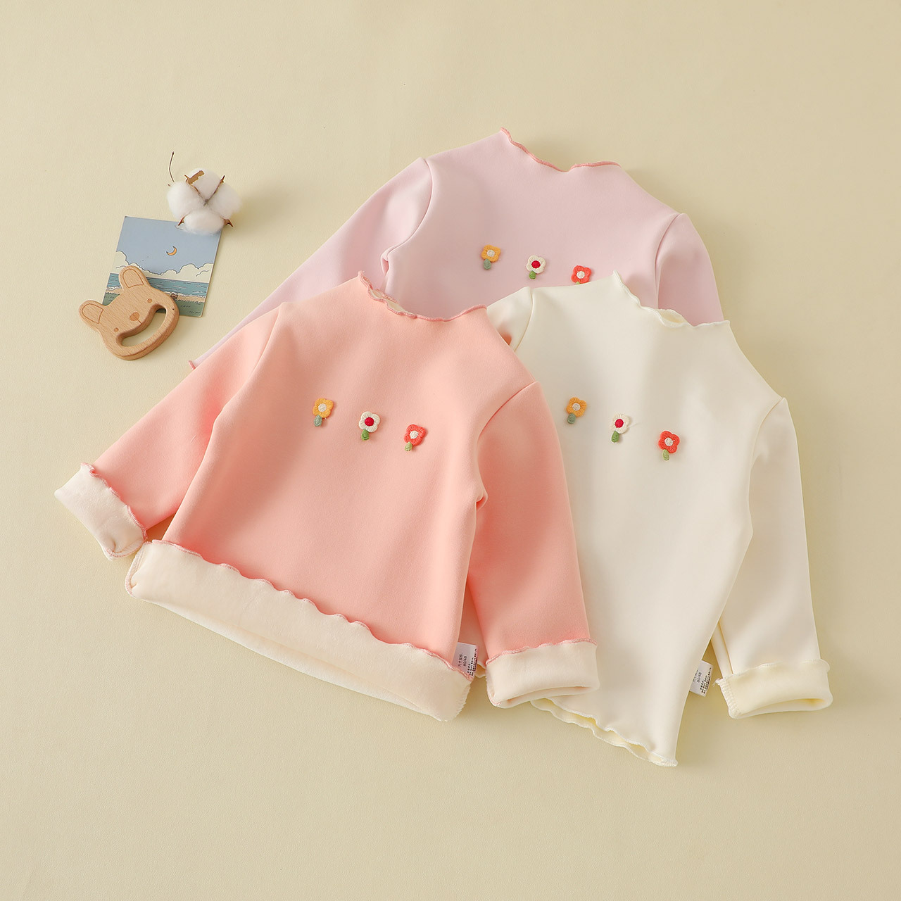 Children's base shirt for girls, long-sleeved, thickened, lined base clothing for babies and toddlers, winter baby thick warm clothing