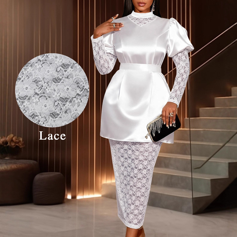 Cross-Border Satin Lace Splicing High-Neck Puff Sleeve Dress with Lace-Up Waist Slimming Party Evening Dress Dress Cross-Border Satin Lace Splicing High-Neck Puff Sleeve Dress with Lace-Up Waist Slimming Party Evening Dress Dress