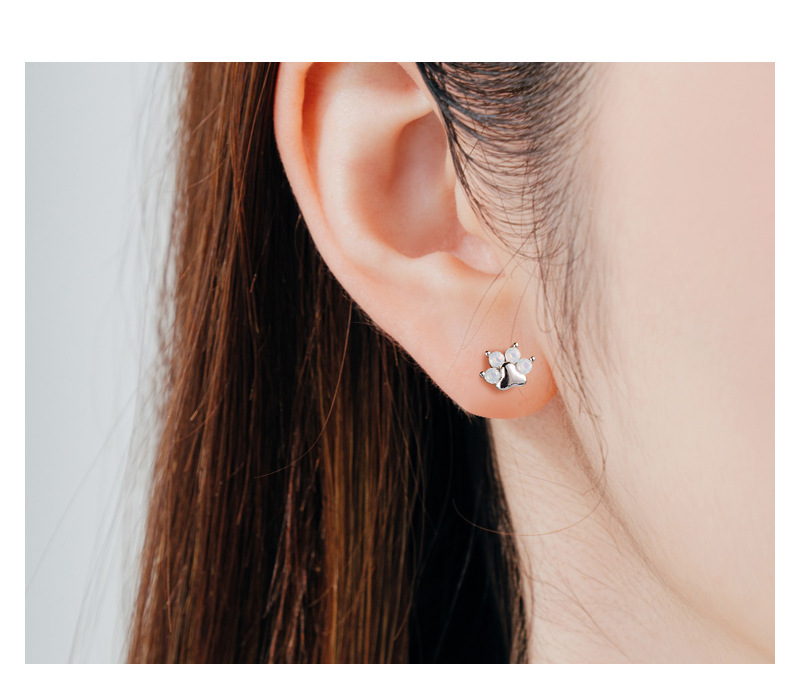 Zircon Inlay Material 1 Pair Silver Cat Cat's Paw Zircon Ear Studs