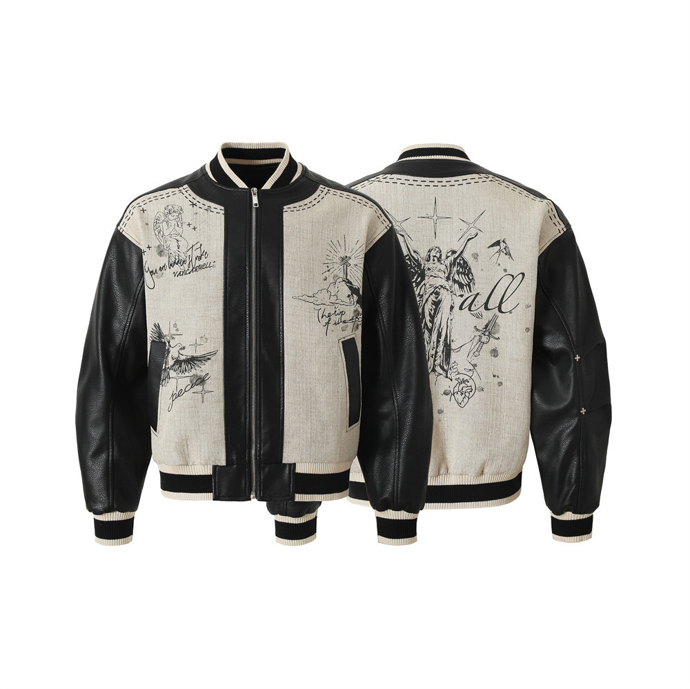 Vintage Style Angel Wing Print PU Leather Baseball Jacket For Men - Loose Fit, Color Block Design, Trendy Streetwear_viptrois.com