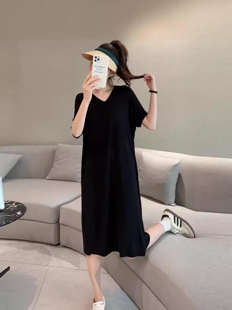 Short-Sleeved Dress for Women, New Summer Women's Outer Wear, Modal Bottoming, Over-The-Knee, Fashionable Long Skirt, Spring