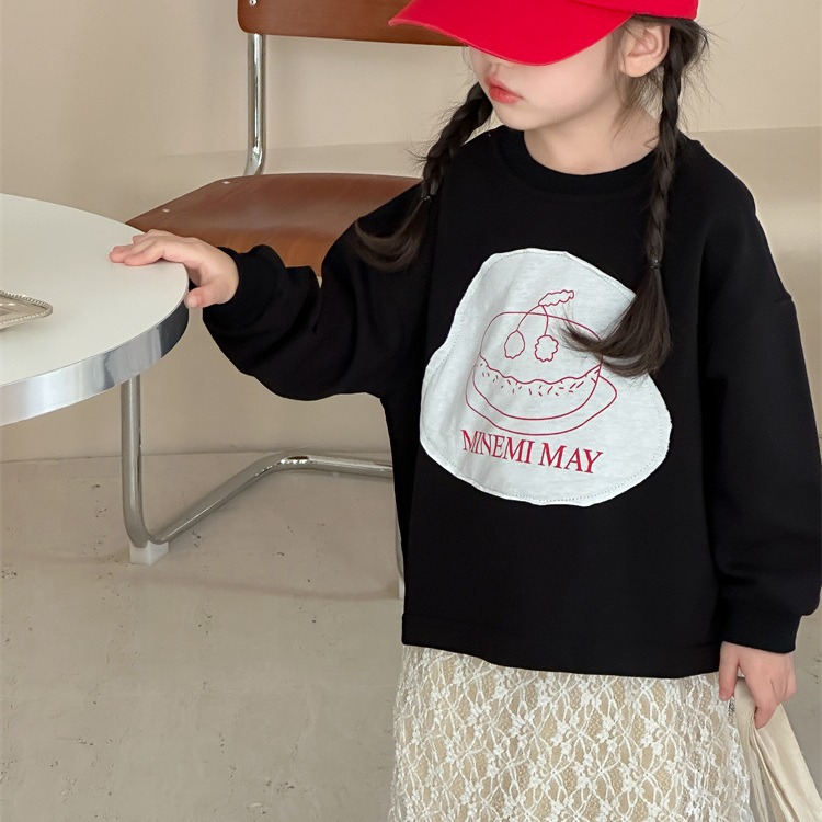 2024 primavera estilo coreano carta de dibujos animados para niños camiseta moda niños y niñas cuello redondo manga larga parche impreso camiseta