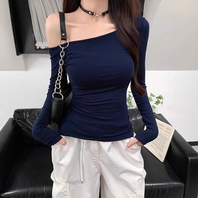 [1*1 Cotton Thread] Long-sleeved T-shirt Women's Spring and Autumn Collar Oblique Shoulder Base Shirt