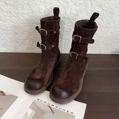 羊皮版~复古皮带扣废土风西部牛仔靴圆头擦色短筒靴女厚底骑士靴