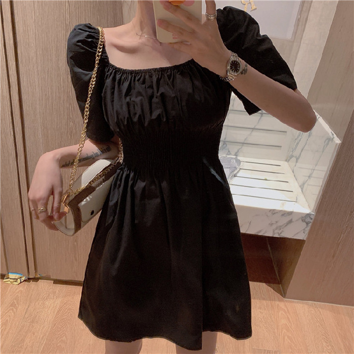 泡泡袖连衣裙女夏季新款高腰显瘦方领裙子时尚纯色中款A字裙女潮