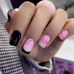 Medium to long European square black and pink Mandarin duck color beauty nails rose pink heart gradient Western European Instagram false nail set for wearing
