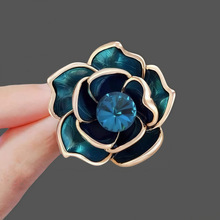 High-End Luxury Enamel Oil Drop Corsage Peacock Blue Camellia Brooch Women's Pin Small Fragrance Clothing Accessories