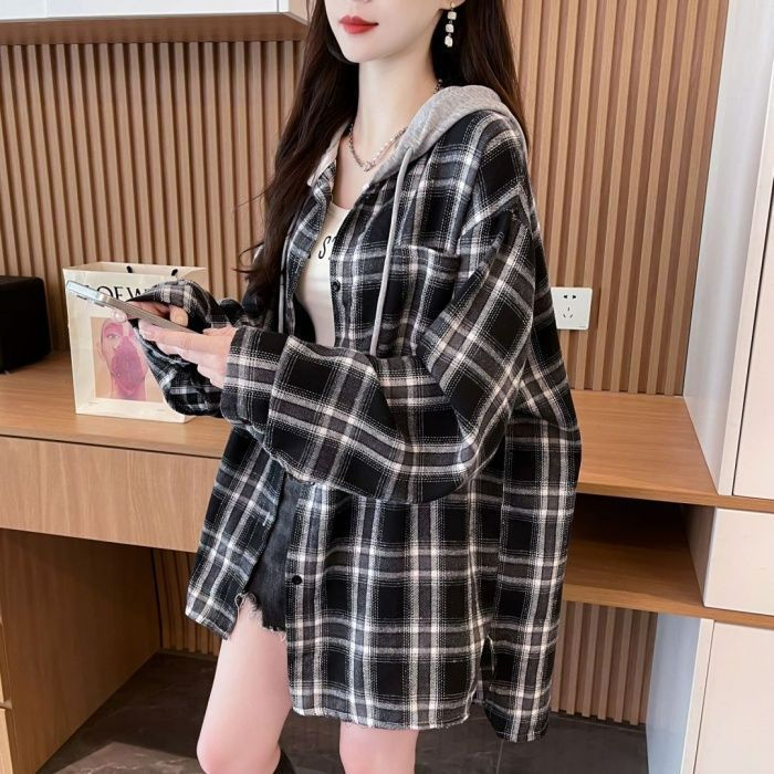 复古格子衬衫女春秋韩版宽松中长款休闲连帽衬衣薄款大码显瘦外套|undefined